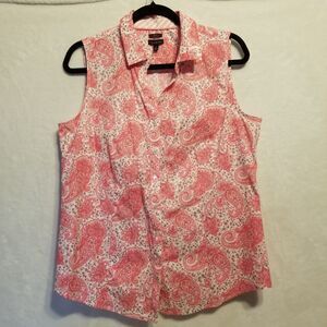 Talbots 12 Top Sleeveless Button Front Pink Paisley Print Cotton Stretch Boho